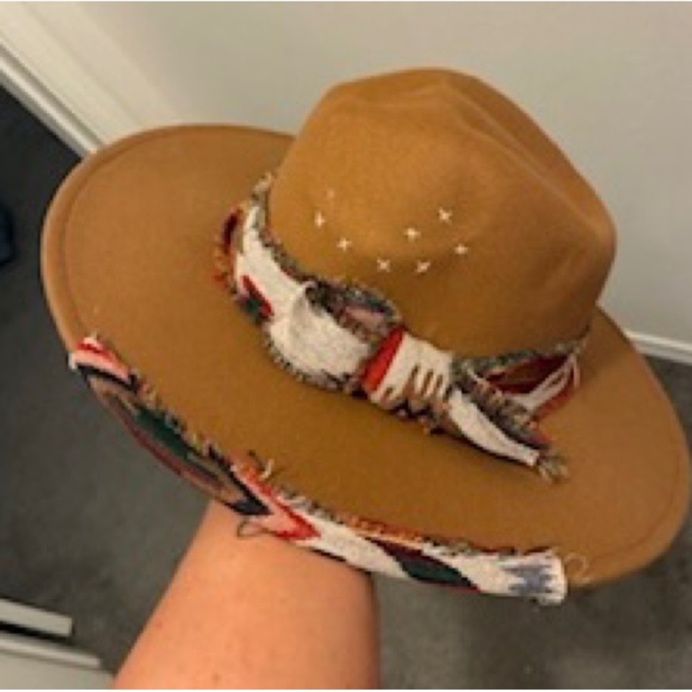Stylish Tan Hat with Patterned Band